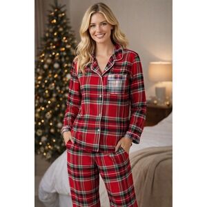 Lands End Pajama Set Womens XL Red Plaid Cotton Flannel Button Front Sleepwear